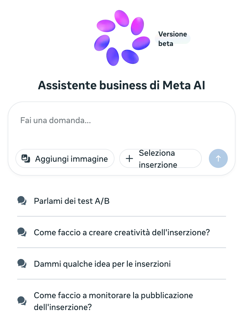 Il pannello dell'Assistente business di Meta AI nel Gestore inserzioni, in versione beta, con quattro proposte pronte sotto il campo di scrittura