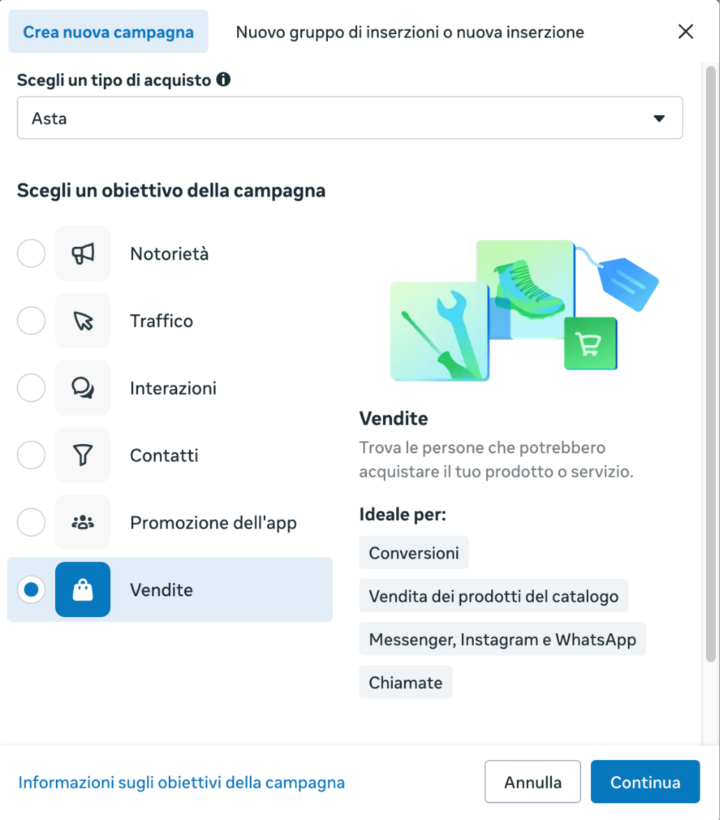 La finestra Crea nuova campagna di Gestione inserzioni con l'obiettivo Vendite selezionato