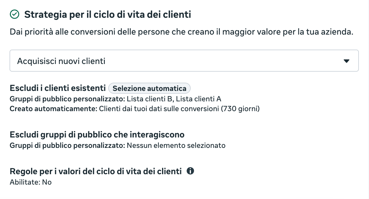 Il riepilogo della strategia con Acquisisci nuovi clienti: Escludi i clienti esistenti in selezione automatica, con due liste clienti e la voce Creato automaticamente, Clienti dai tuoi dati sulle conversioni (730 giorni). I nomi delle liste sono stati cambiati