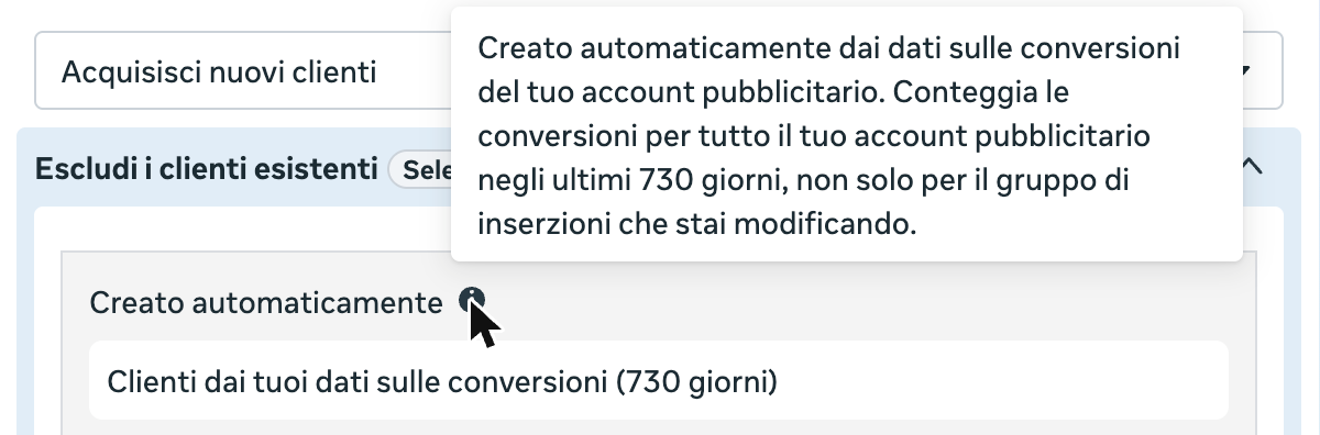 Il fumetto informativo di Meta: Creato automaticamente dai dati sulle conversioni del tuo account pubblicitario, conteggia le conversioni per tutto il tuo account pubblicitario negli ultimi 730 giorni, non solo per il gruppo di inserzioni che stai modificando
