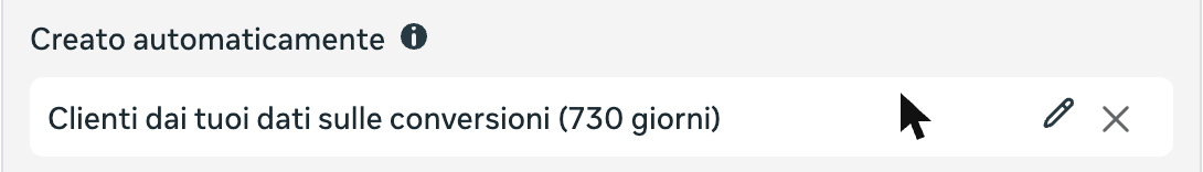Passando con il mouse sulla voce Clienti dai tuoi dati sulle conversioni (730 giorni) compaiono una matita per modificarla e una X per toglierla