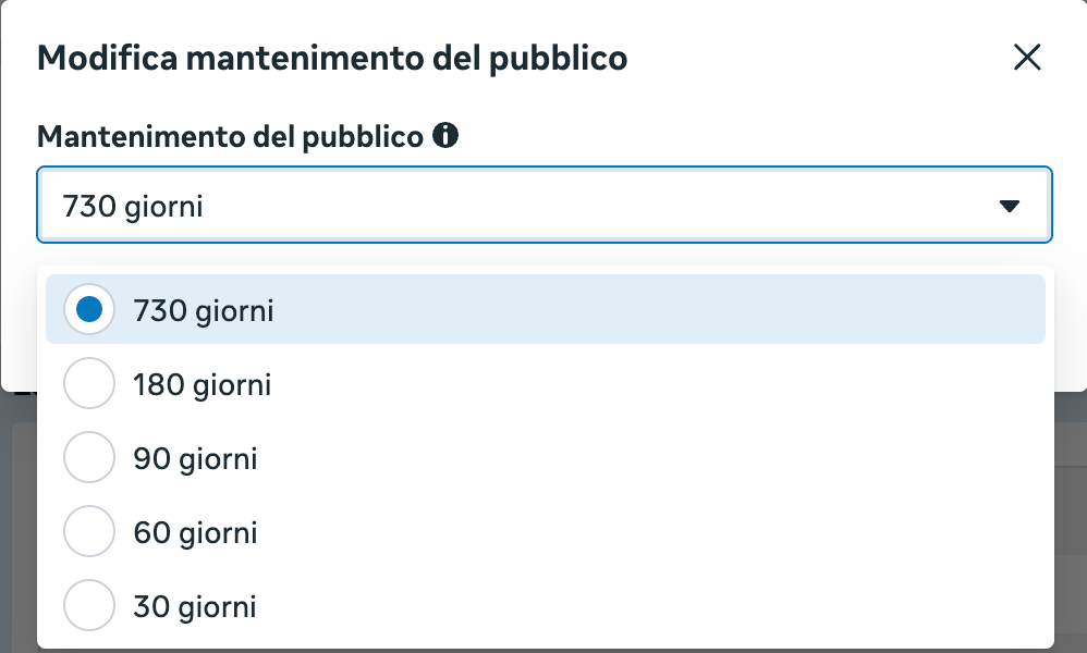 La finestra Modifica mantenimento del pubblico con le cinque scelte: 730, 180, 90, 60 e 30 giorni