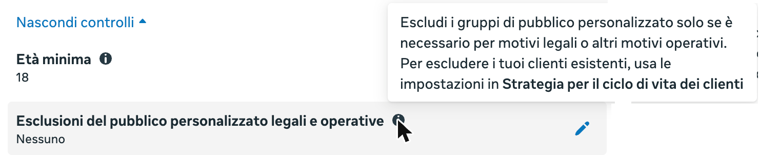 Il fumetto di Meta sulle Esclusioni del pubblico personalizzato legali e operative: da usare solo se necessario per motivi legali o operativi, mentre per escludere i clienti esistenti va usata la Strategia per il ciclo di vita dei clienti