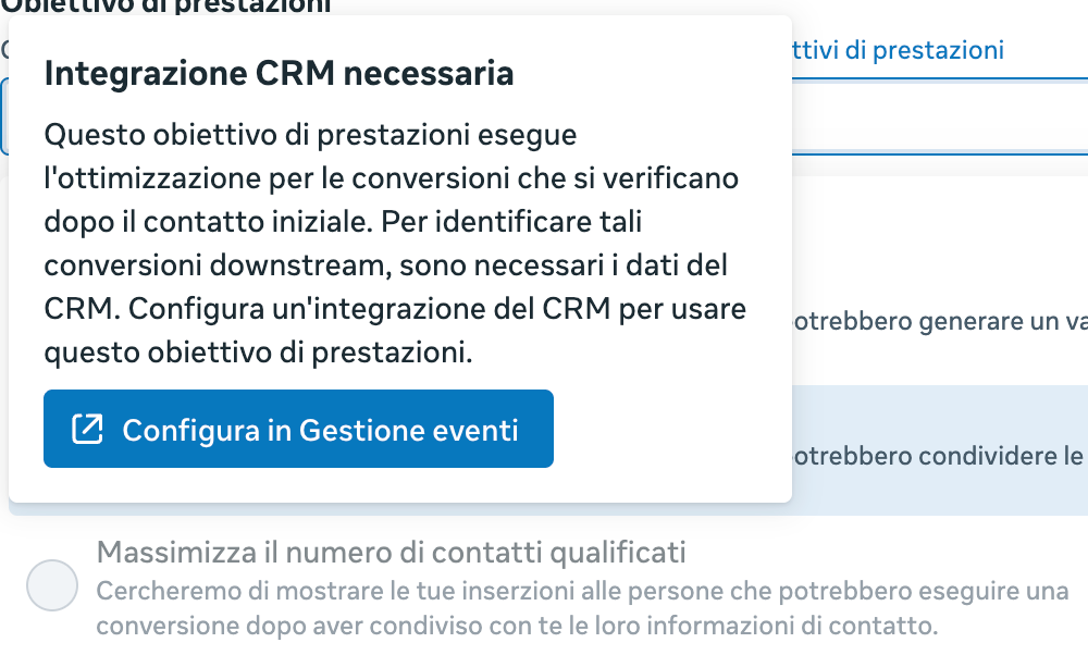 Il messaggio Integrazione CRM necessaria mostrato nel mio account sopra l'opzione dei contatti qualificati