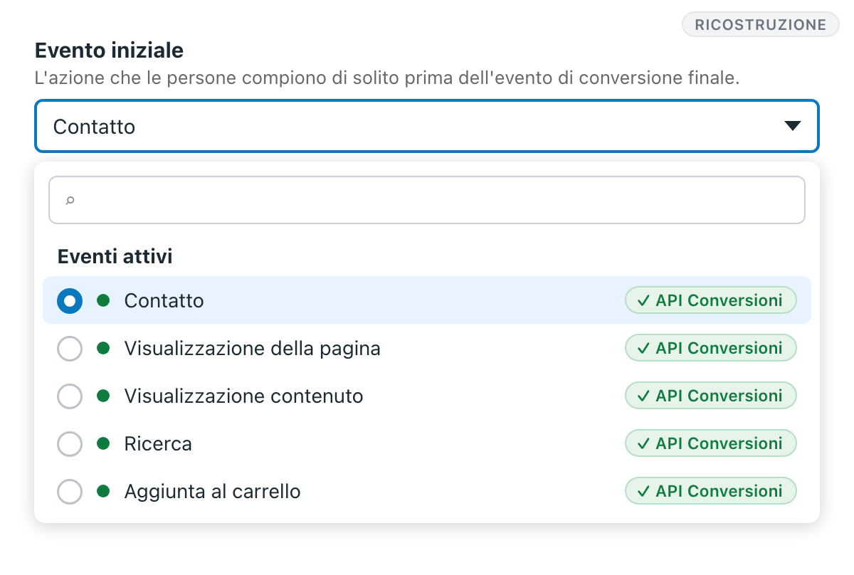Ricostruzione in italiano: l'elenco degli eventi iniziali, ognuno con l'etichetta API Conversioni, con Contatto selezionato