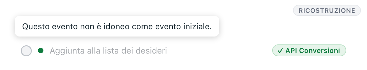 Ricostruzione in italiano: il messaggio Questo evento non è idoneo come evento iniziale sopra un evento in grigio
